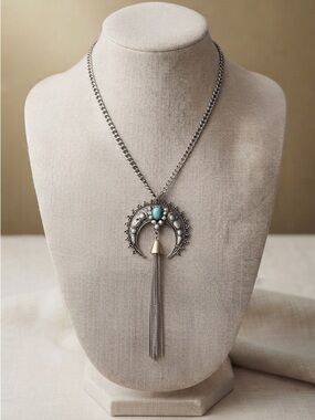 FREEDOM Bohemian Silver Navajo Crescent Turquoise Tassel Statement Necklace